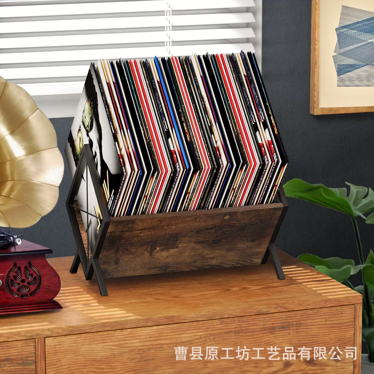 复古木质唱片架桌面影碟专辑整理架CD展示架铁艺木结合黑胶唱片架