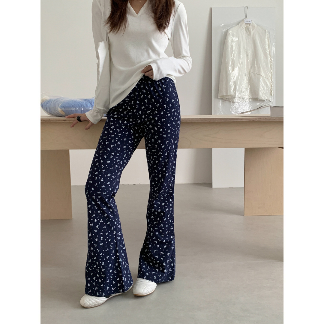 Gagd High-Waisted Floral Micro-Flared Pants for Women, Korean Style Slimming Look Straight Casual Pants, Thin Walking Pants