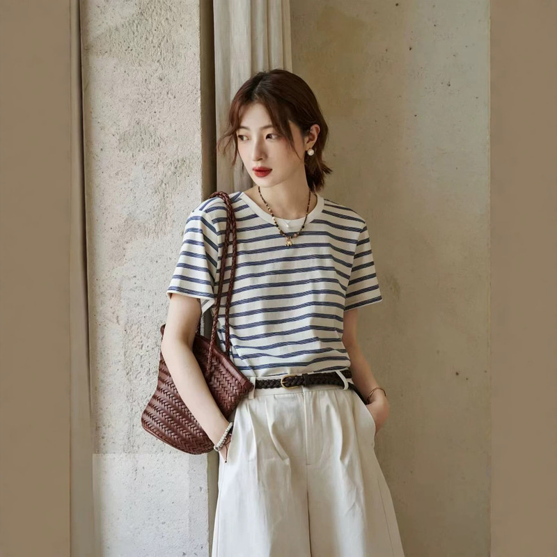 "Original White Line Art" "Striped Handwriting" Twist-Back Design Artistic Retro Striped Short-Sleeve Women's T-Shirt for Summer "Original White Line Art" "Striped Handwriting" Twist-Back Design Artistic Retro Striped Short-Sleeve Women's T-Shirt for Summer