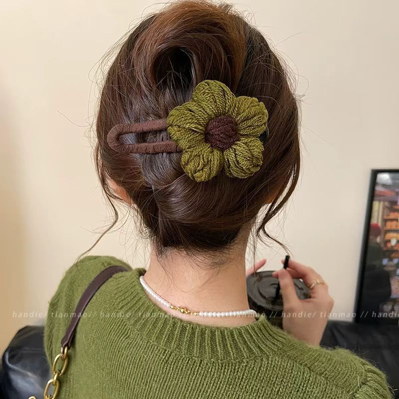 秋冬毛绒针织花朵鸭嘴夹发夹女后脑勺半扎发大号抓夹夹子发饰发卡|undefined