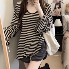 慵懒风条纹防晒长袖圆领T恤女夏季薄款oversize宽松显瘦罩衫上衣