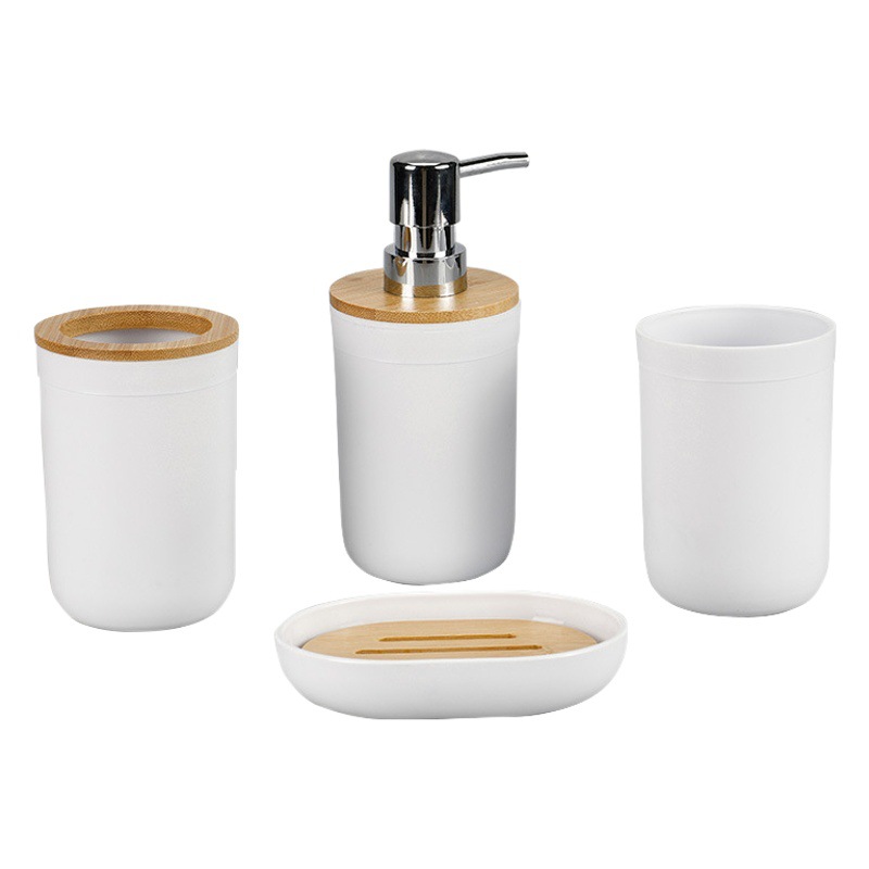 Cubierta de bambú baño lavado plástico de cuatro piezas conjunto de fábrica al por mayor estante de almacenamiento de inodoro titular de cepillo de dientes conjunto de cuatro piezas
