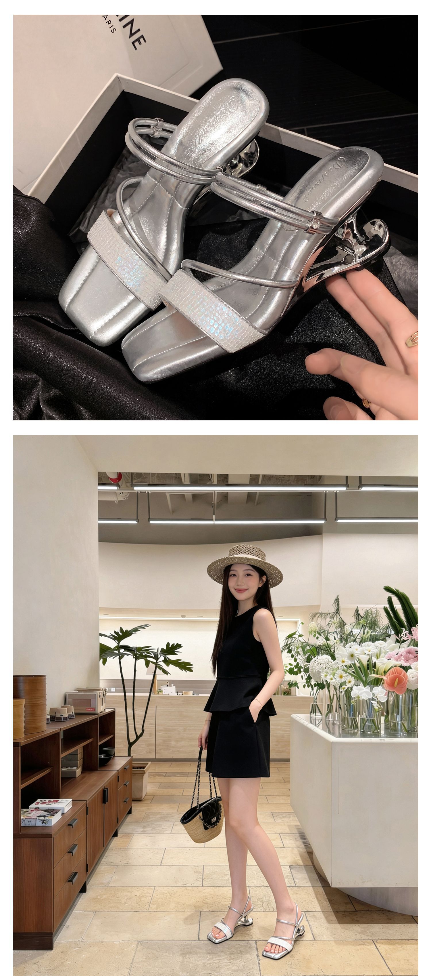 Sandal cao gót nữ quai mảnh mũi vuông hở mũi, gót dị hình, có thể xỏ kiểu một dây hoặc hai dây — màu vàng, bạc chi tiết 17