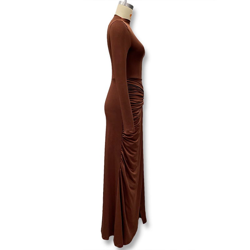 Women's Solid Color round Neck Dress Long Sleeve Fashionable Temperament European American Style Autumn New Clothing with Decorative Ring Buckle_ecoleips.com
