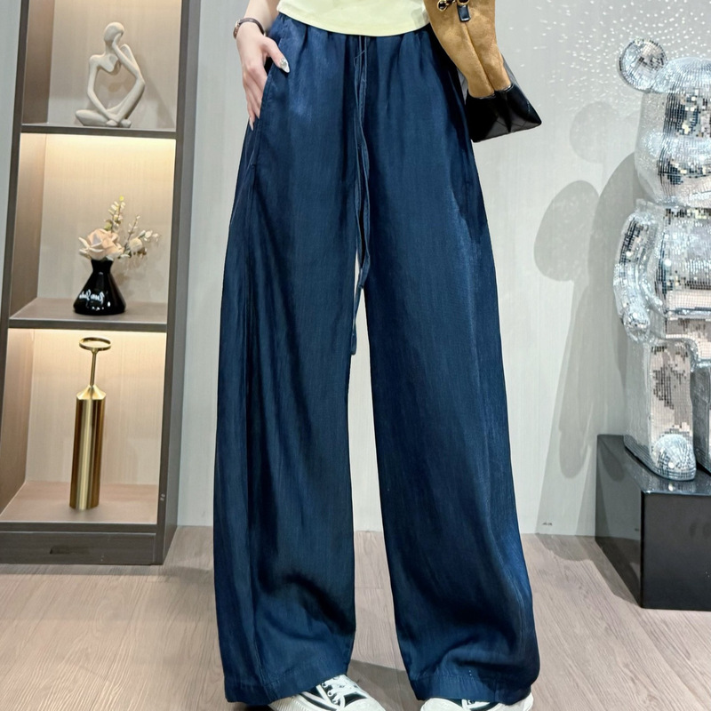 Summer style, barrel-shaped drawstring waist jeans, dark blue, loose-fitting, linen, slimming, elastic waist, wide-leg casual pants Summer style, barrel-shaped drawstring waist jeans, dark blue, loose-fitting, linen, slimming, elastic waist, wide-leg casual pants