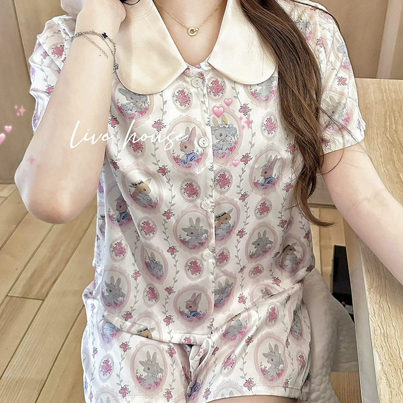 2024 новая пижама женский летний лед шелковые шорты с короткими рукавами