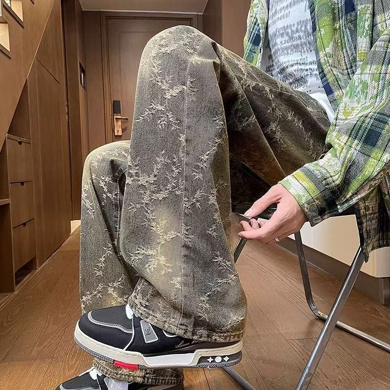 レトロブルージャカードジーンズメンズサマーニッチデザインパンツアメリカンハイストリートバイブストレートレッグブーツカットパンツ|undefined