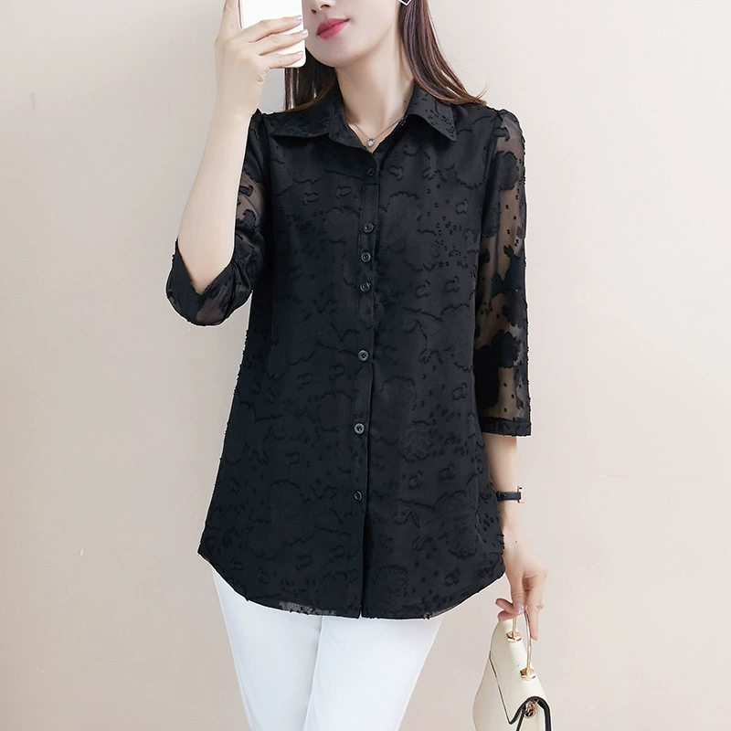 222 топ с круглыми девушками ранней осени шифоновая рубашка для похудения женская одежда больших размеров, закрывающая живот, рубашка с коротким рукавом и рукавом 3/4