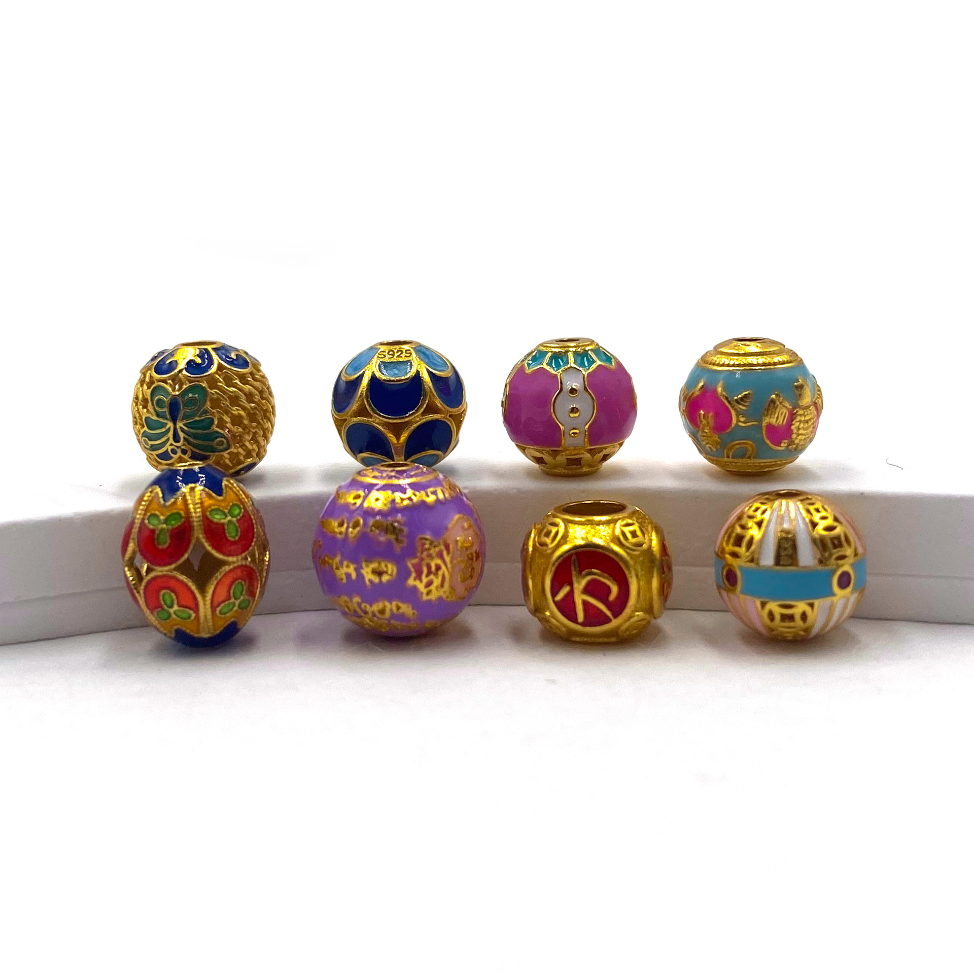 S925银镀金滴油圆珠手链配件烧蓝散珠手串隔珠手工编织串珠配饰