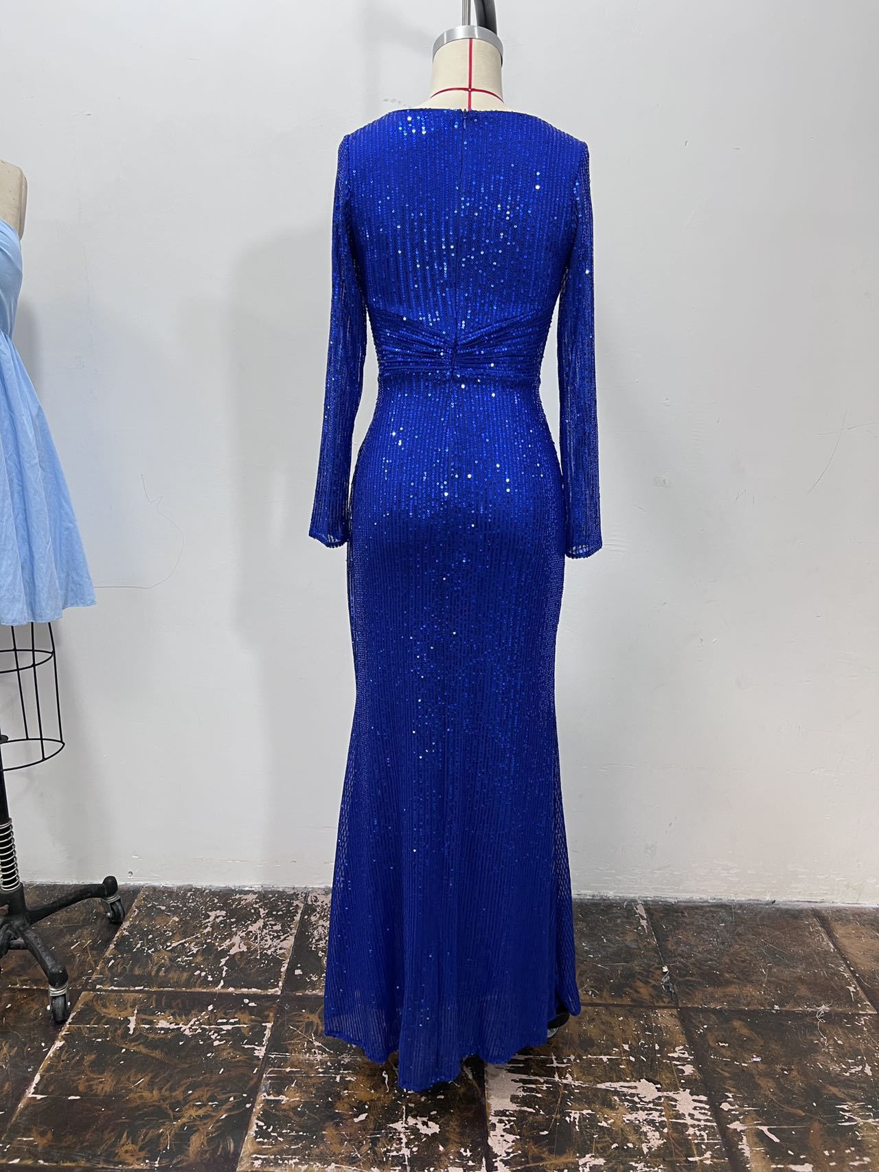Elegantes Langarm Pailletten Abendkleid Für Damen Einfarbig_voghion.com