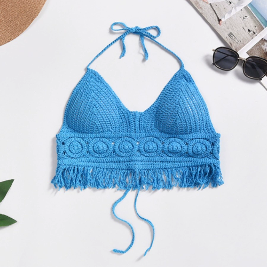 Bra top / knitted crop tank with cups and straps, backless, embroidered trim, one size