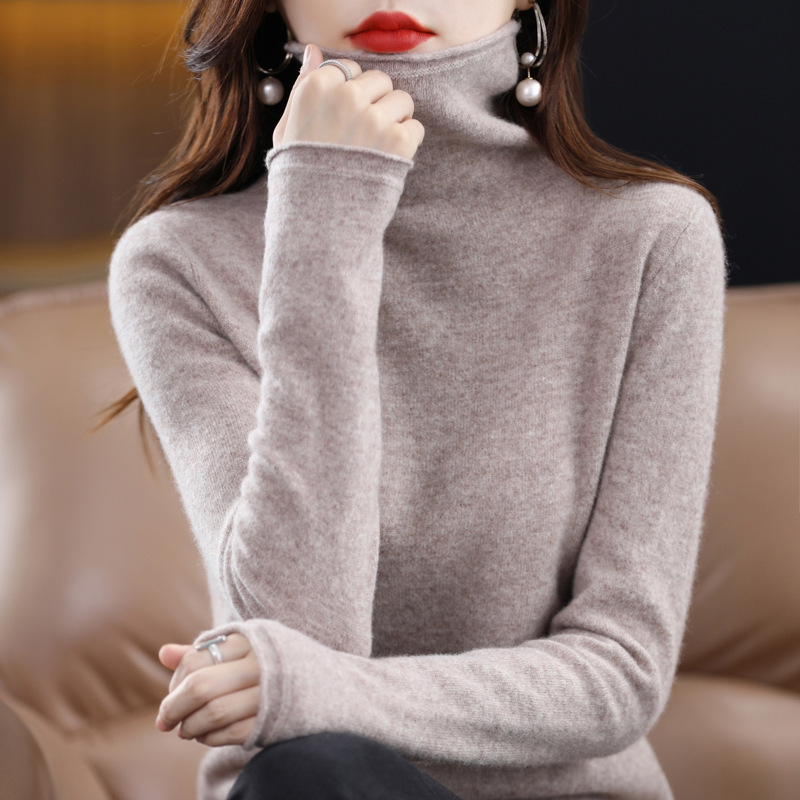 Pure Wool Rolled Edge Stacked Collar Autumn and Winter New Wool Sweater Women's Base High-Neck Cashmere Knit Versatile Style