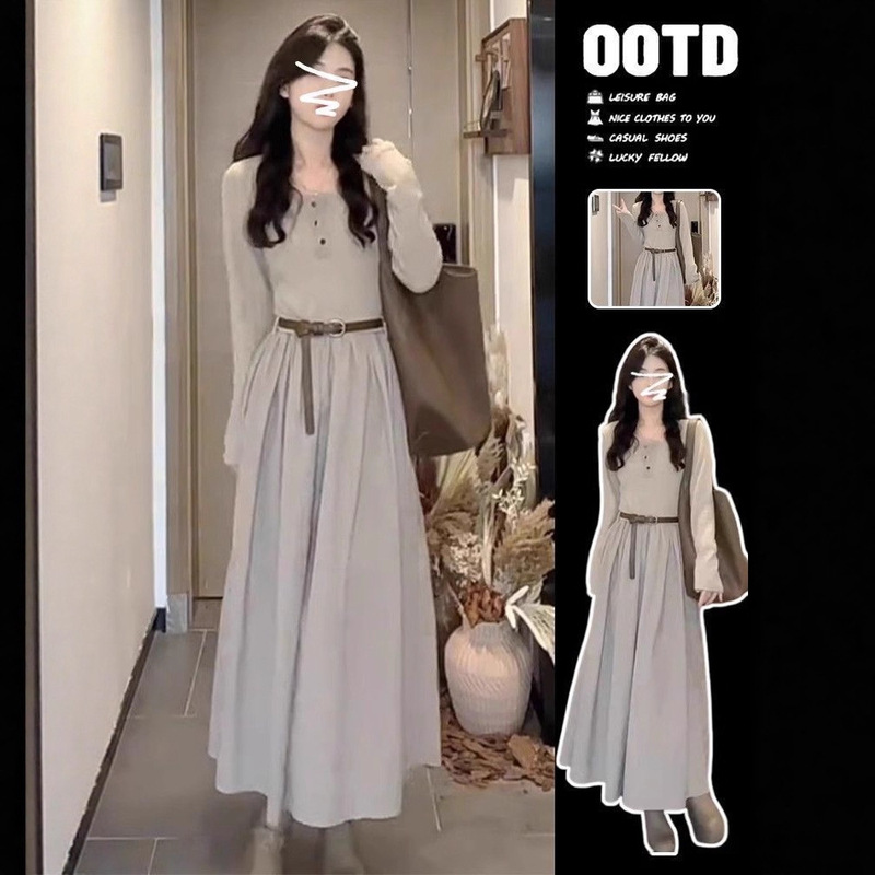 2025 New Autum Popular Style French Long-Sleeved Dress Women's Early Autum Elegant High-End Long Skirt