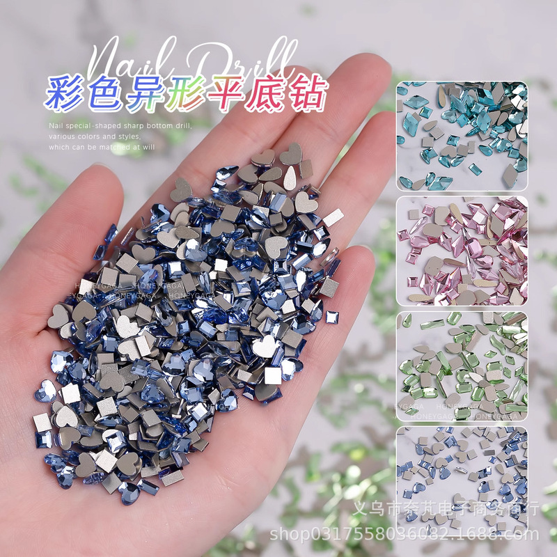 Cross-border nail drill jewelry wholesale k9 glass drill color flat shaped drill mixed Super Flash gravel nail decoration