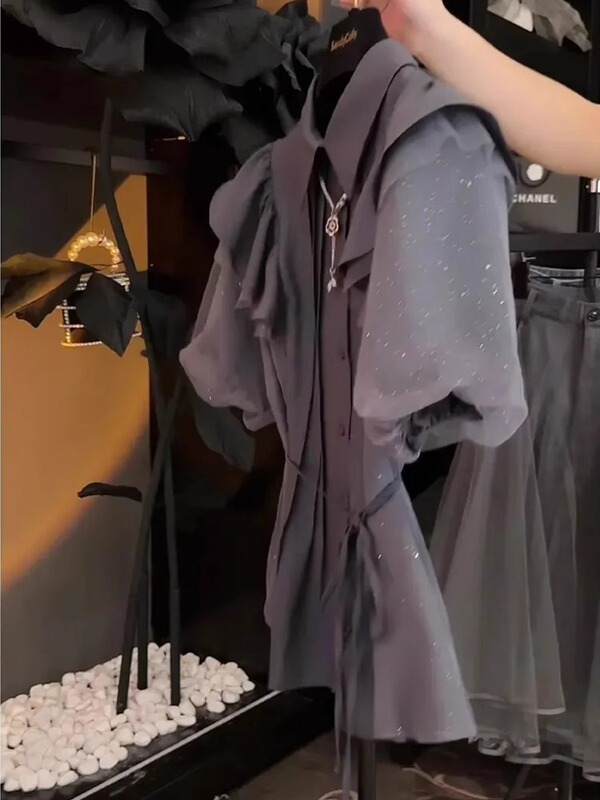 法式独特高级感小衫别致漂亮设计感小众纯色泡泡袖衬衫上衣女夏季|undefined