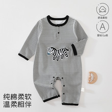 婴儿连体衣纯棉a四季款条纹长袖无骨哈衣斑马宝宝衣服春秋季爬服