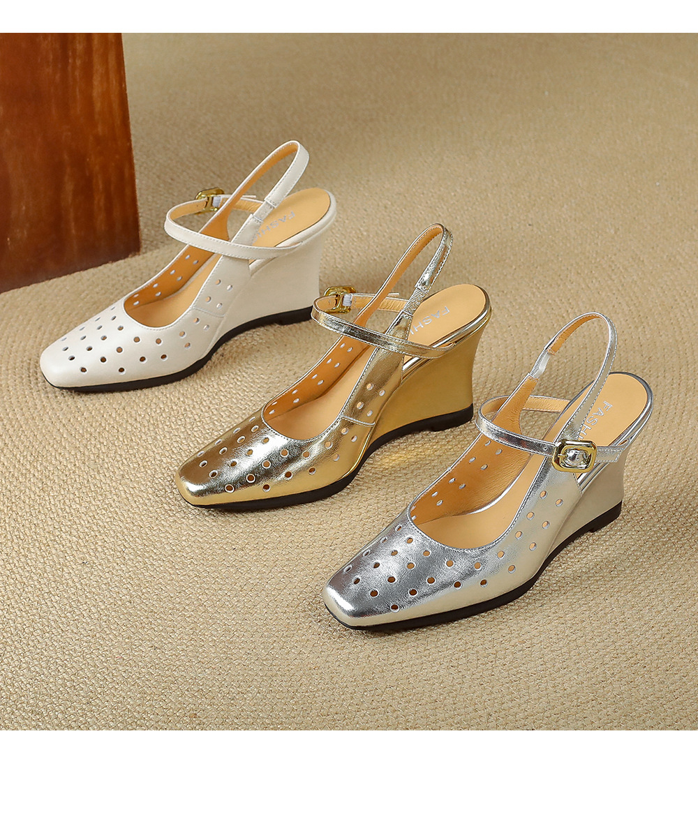 Sandal cao gót nữ mũi vuông quai ngang đế xuồng da thật lỗ thoáng khí — màu vàng, Trắng sữa, bạc chi tiết 17