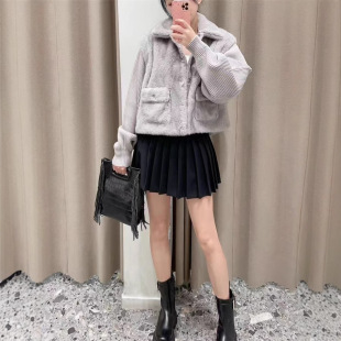 French Niche 2024 Winter New Classic Fake Two-piece Knitted Stitching Short Grey Plush Jacket