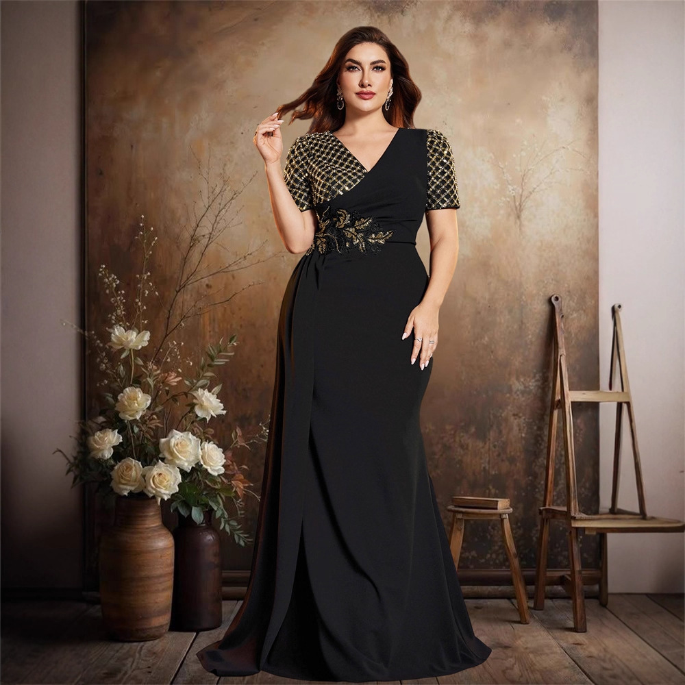 European and American Amazon Large Size Sequin Embroider Stitching V Neck Short-Sleeved Elegant Dinner Party Prom Dress