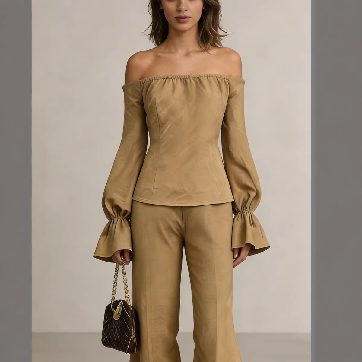 Elegant Off-Shoulder Puff Sleeve Women's Top with Wide Leg Pants Two-Piece Set European And American Style Fashionable Clothing for Women_ecoleips.com