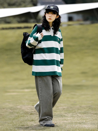 Japanese polo shirt lapel heavy hoodies men and women ins loose retro Hong Kong trend brand striped long-sleeved T-shirt