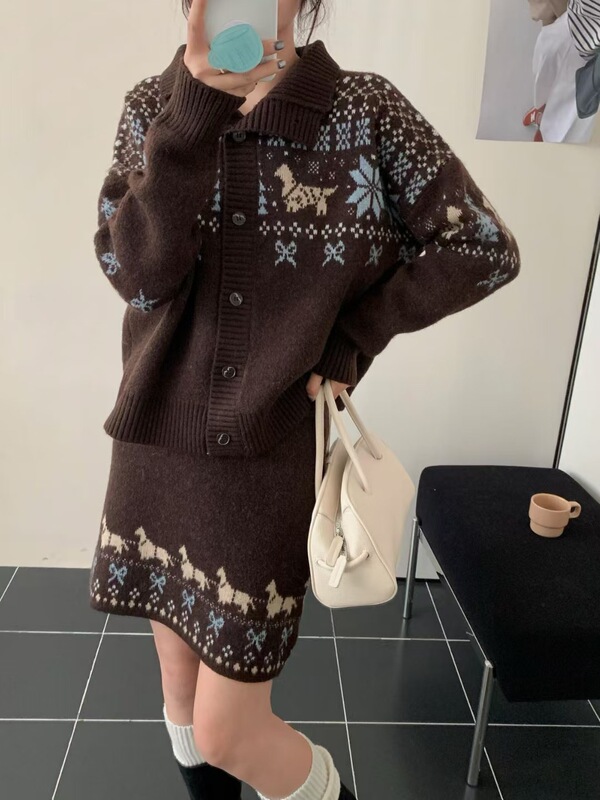 费尔岛撞色提花开衫毛衣女2025秋冬新款宽松百搭针织半身裙两件套|undefined