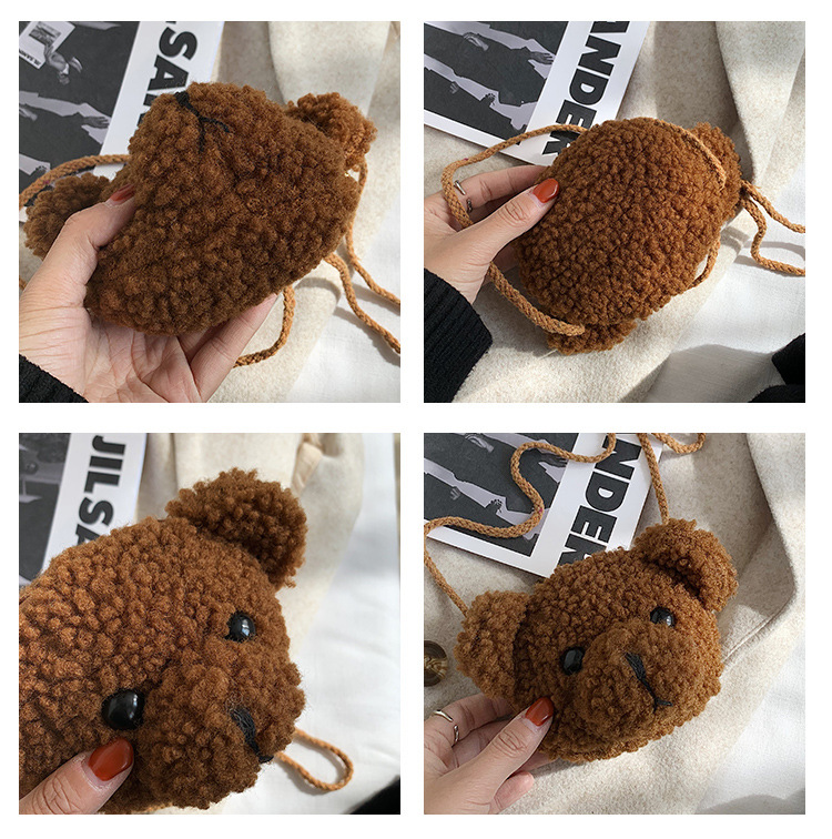 129g Weight Polyester Lining Material Women's Mini Plush Bear Solid Color Cute Round Zipper Crossbody Bag