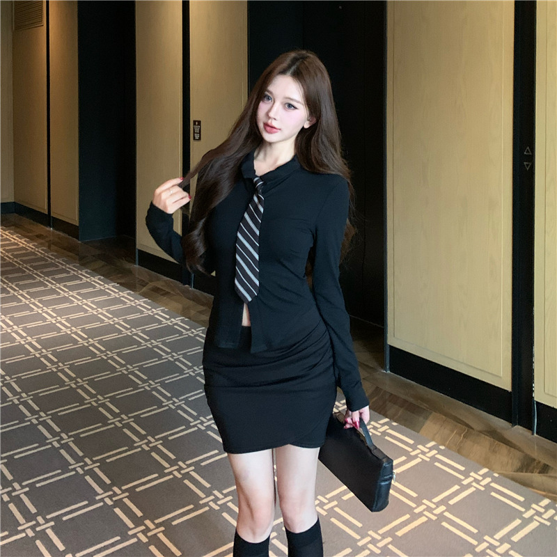 跨境外贸女装实拍辣妹高腰翻领显瘦修身性感polo领长袖上衣配领带