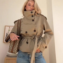 亚马逊外贸2025年秋季新款设计感立领系带双排扣短款风衣外套女