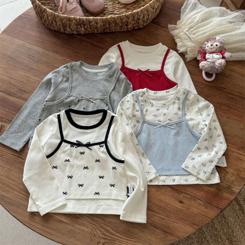 子供スターラウンド秋偽ツーピース t ベビーガール薄い女の子カジュアルルーズ西洋スタイル子供長袖 t シャツトップトレンディ|undefined