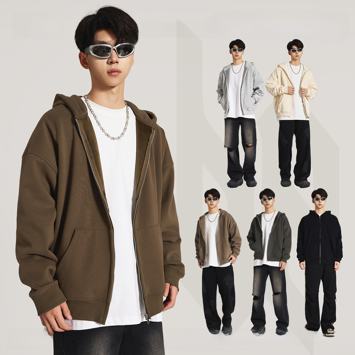 BE men's fashion brand autumn and winter heavy velvet loose hooded zipper jacket solid color loose sweatshirt hoodie couple