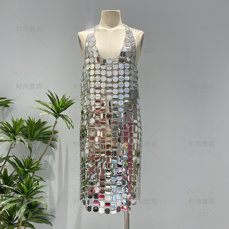 Fashion Yanni European and American Halter Neck Dress with Chain Backless Stage Outfit, Heavily Handcrafted Sequin Internet Celebrity Trend