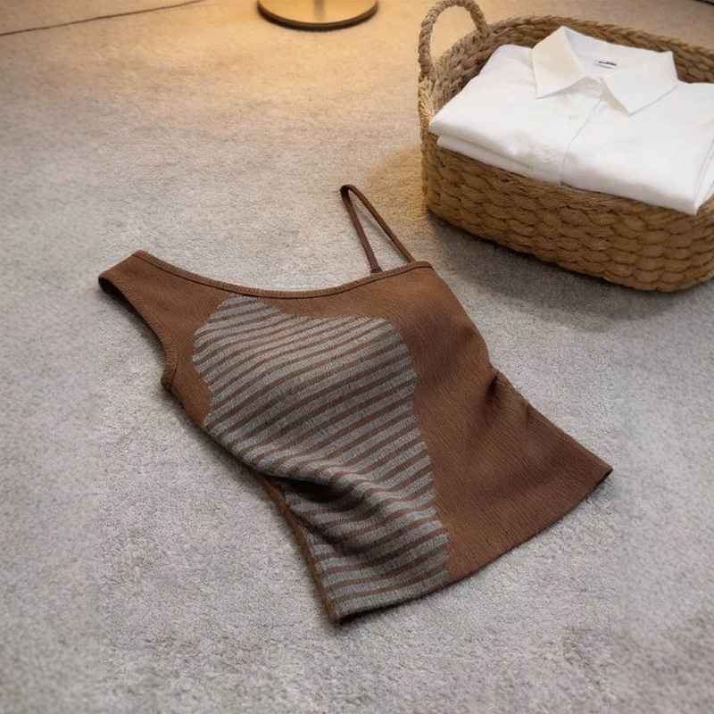 Brown Striped Asymmetrical Shoulder Design Camisole for Women, 2026 Summer New Style, Slim Fit, Sleeveless Top for Outerwear Brown Striped Asymmetrical Shoulder Design Camisole for Women, 2026 Summer New Style, Slim Fit, Sleeveless Top for Outerwear