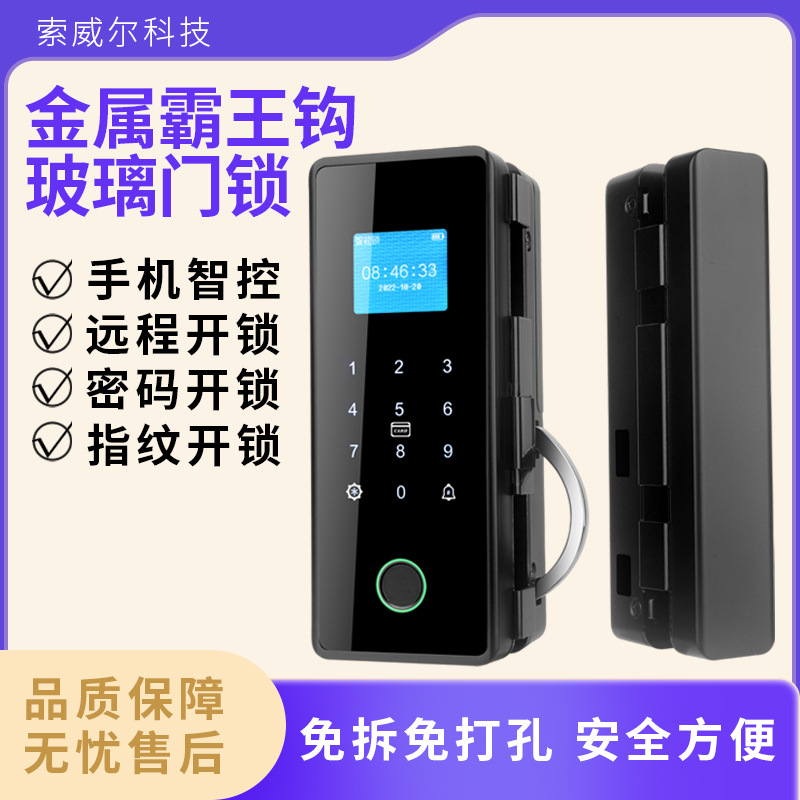玻璃门锁免打孔办公室双开门智能锁密码指纹远程有框无框电子锁