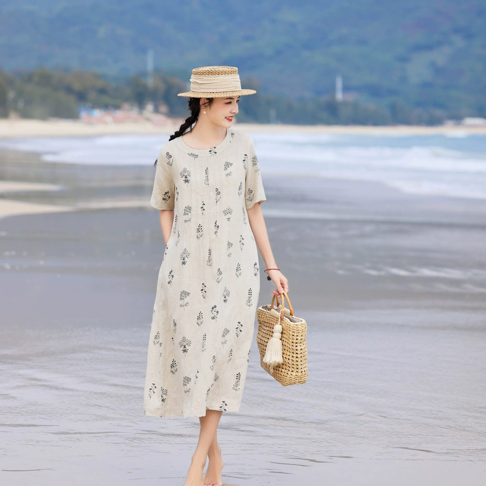 2025 весна и лето новая женская льняная принт свободный с круглым вырезом ретро платье с средним рукавом женское оригинальное дорожное чайное платье