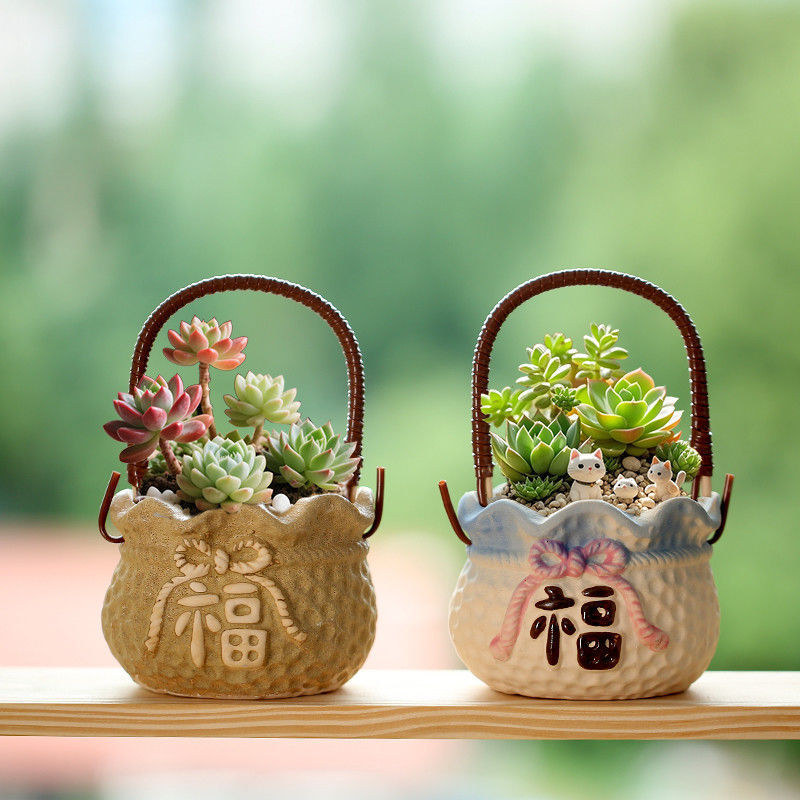 Rustic Hand-Painted Portable Basket Succulent Flower Pot Rustic Pot Indoor Succulent Small Flower Pot Clearance Wholesale Street Stall
