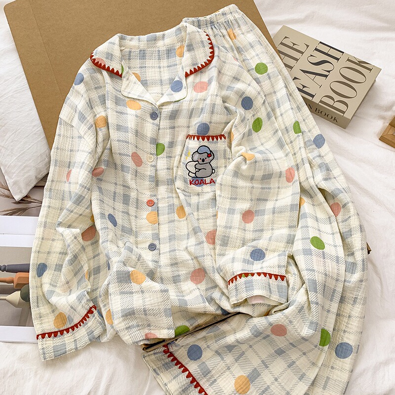 Cotton Gauze Pajamas for Women 100% Pure Cotton Set 2026 Spring Long-Sleeved Cardigan Cute Girl Home Clothes Cross-Border Wholesale Cotton Gauze Pajamas for Women 100% Pure Cotton Set 2026 Spring Long-Sleeved Cardigan Cute Girl Home Clothes Cross-Border Wholesale