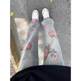 满印玫瑰花牛仔裤男款高街秋冬新款痞帅高级感直筒宽松阔腿裤