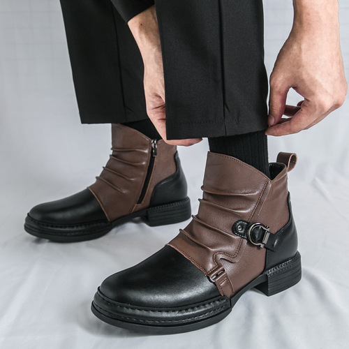 Western American cowboy boots, men's winter short boots, British style high-top leather shoes, British style Martin boots, fashionable leather boots