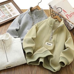 Boys' Spring Half-Zip Stand Collar Sweatshirt 2024 New Children's Clothing Student Sweatshirt for Middle and Large Children