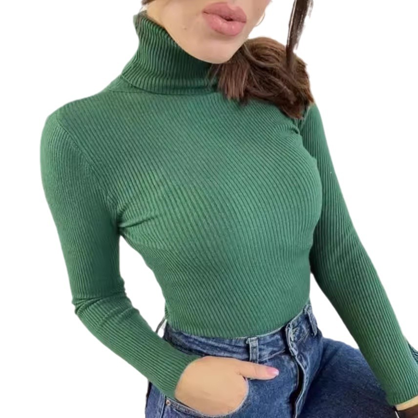 Women's Clothing solid color high collar long sleeve sweater knitted sweater pullover top versatile bottoming shirt outer wear_voghion.com