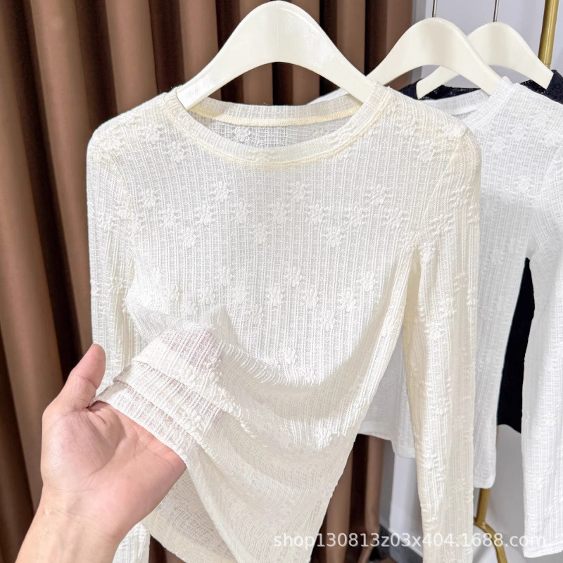 Round Neck Lace Bottoming Shirt for Women 2025 New Style Inner Gauze Shirt, Thin Style Small Shirt, High-End Mesh Top for Women Round Neck Lace Bottoming Shirt for Women 2025 New Style Inner Gauze Shirt, Thin Style Small Shirt, High-End Mesh Top for Women