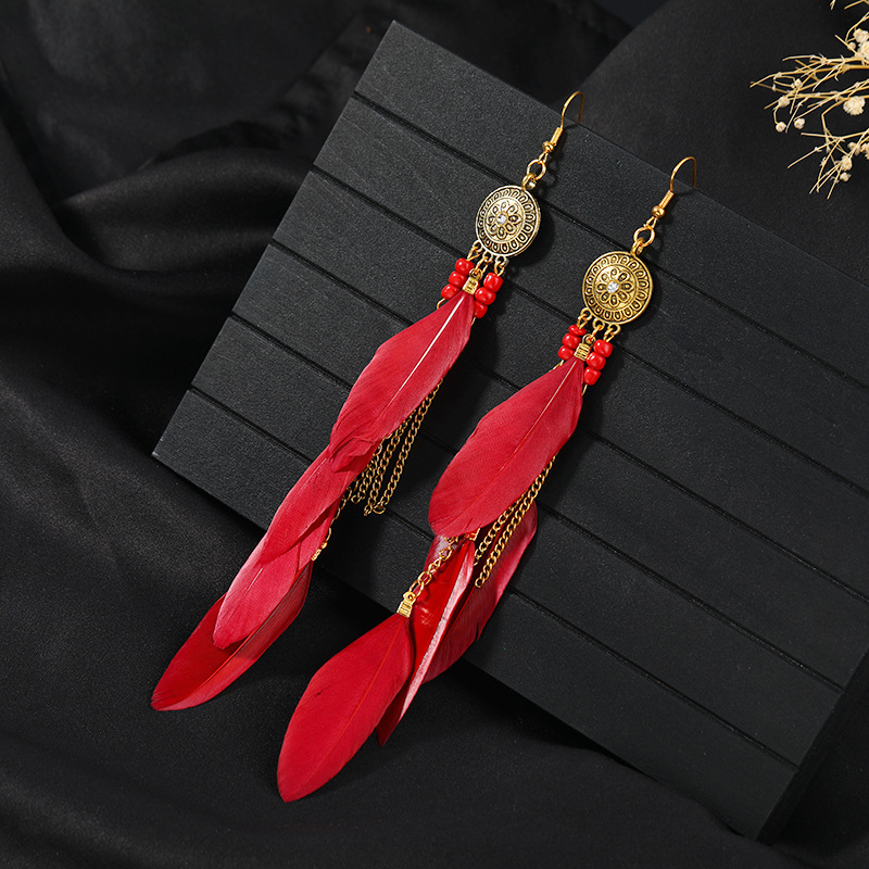 1 Pair Chinoiserie Ethnic Style Classic Style Water Droplets Tassel Alloy Feather Drop Earrings display picture 20