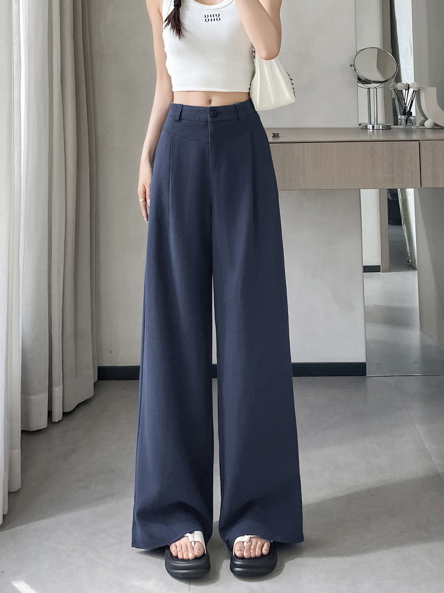 Quần culottes nữ ống rộng cạp cao vải linen phối cotton mềm mại, form suông rộng thoải mái — Trắng Extended