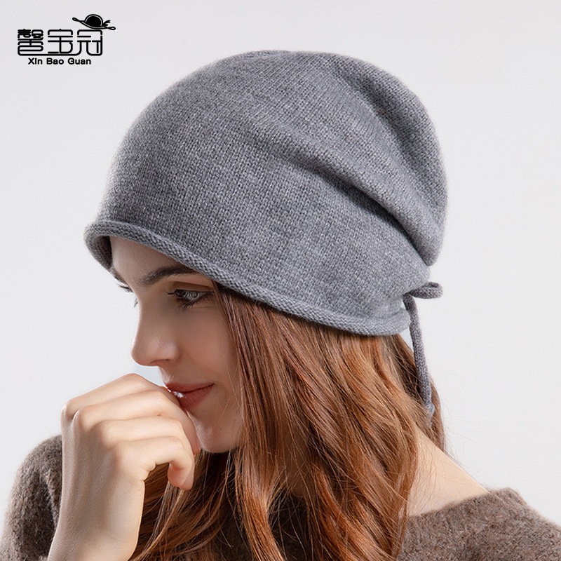 8150秋冬季薄款针织堆堆帽保暖套头帽子女冷帽抽绳大头围月子帽