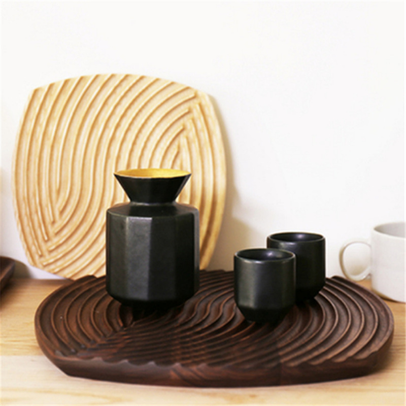 Paleta de madera de porche de onda de agua nórdica, bandeja de café de haya, plato gourmet de madera maciza, sentido de alta calidad para el hogar