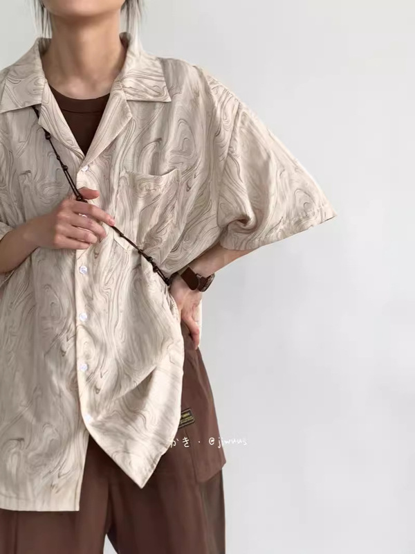 City boy夏日本系レトロポロシャツ男性花柄スキューバネック男女同柄薄い半袖シャツ|undefined