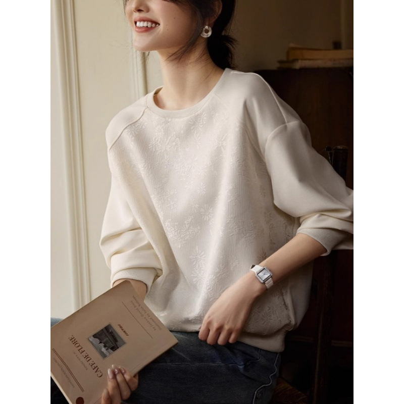 Elegant Satin Jacquard Splicing Texture Sweatshirt for Women Autum New Round Neck Casual Loose Lazy Style Long-Sleeved Top Elegant Satin Jacquard Splicing Texture Sweatshirt for Women Autum New Round Neck Casual Loose Lazy Style Long-Sleeved Top