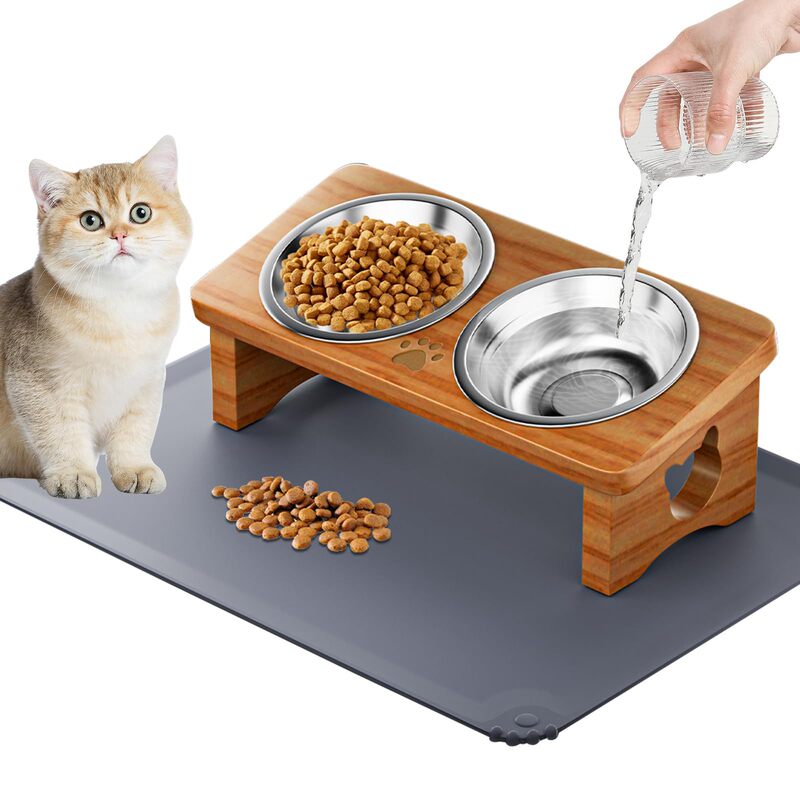 Elevated cat bowl with silicone pad, tilted solid wood, raised stainless steel food and water dish for cats and small dogs