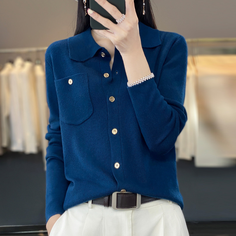 Polo Collar Sweater with Pullover Base Layer for Women, Turn-Down Collar Wool Knit Top for Women, Spring and Autumn Cardigan, Preppy Style